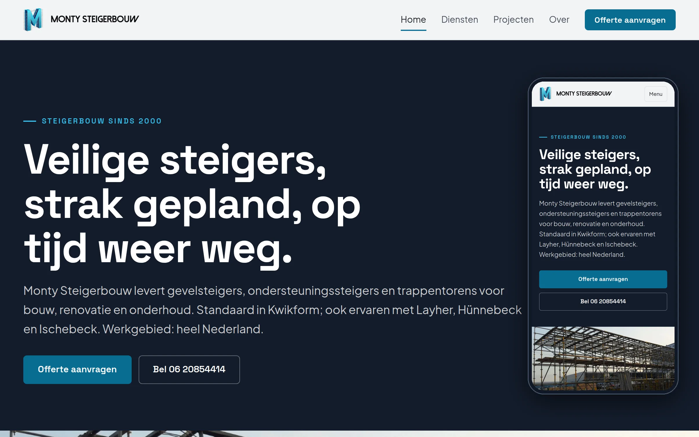 Monty Steigerbouw — de homepage op desktop en telefoon